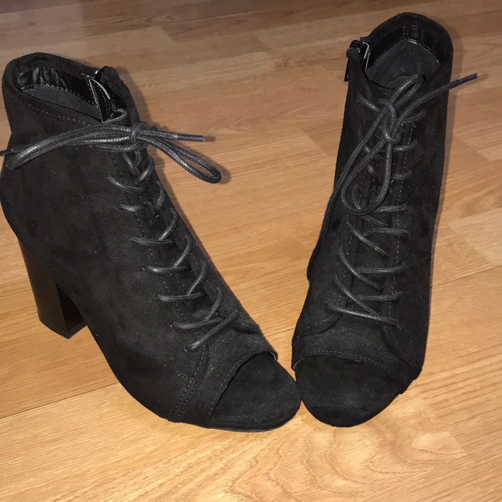 Lace up suede peep toe booties